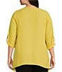 Color:Yellow - Image 2 - Plus Size V-Neck 3/4 Roll Up Sleeve Chest Pocket Asymmetrical Hem Button Up Blouse