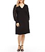 Color:Black - Image 1 - Plus Size V-Neck Lace Long Sleeve A-Line Dress