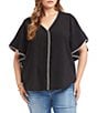 Karen Kane Plus Size Woven V-Neck Short Flutter Sleeve Relaxed Button Front Top, Color:Black/Cream - Image 1
