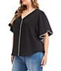 Karen Kane Plus Size Woven V-Neck Short Flutter Sleeve Relaxed Button Front Top, Color:Black/Cream - Image 3