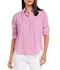 Color:Stripe - Image 1 - Point Collar 3/4 Ruched Sleeve Button Front Shirt
