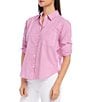 Color:Stripe - Image 3 - Point Collar 3/4 Ruched Sleeve Button Front Shirt