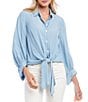 Color:Chambray - Image 1 - Point Collar Button Down Tie Front Top