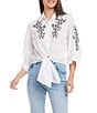 Color:Off White - Image 1 - Point Collared 3/4 Blouson Sleeve Button Front Tie Front Top