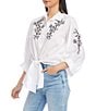 Color:Off White - Image 3 - Point Collared 3/4 Blouson Sleeve Button Front Tie Front Top