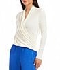 Karen Kane Ribbed Brushed Knit Long Sleeve Drape Front Crossover Top, Color:Off White - Image 3