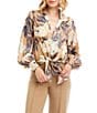 Karen Kane Satin Hydrangea Print Long Blouson Sleeve Tie-Front Top, Color:Print - Image 1