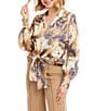 Karen Kane Satin Hydrangea Print Long Blouson Sleeve Tie-Front Top, Color:Print - Image 3