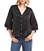 Karen Kane Satin V-Neck 3/4 Lantern Sleeve Rhinestone Button Front Top - Image 1