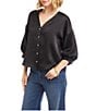 Karen Kane Satin V-Neck 3/4 Lantern Sleeve Rhinestone Button Front Top - Image 3