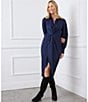 Karen Kane Savannah Sateen Collared Long Sleeve Twist Front Tulip Hem Midi Dress, Color:Navy - Image 4