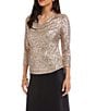 Karen Kane Sequin Mesh Draped Neck 3/4 Sleeve Top, Color:Champagne - Image 3