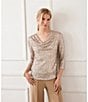 Karen Kane Sequin Mesh Draped Neck 3/4 Sleeve Top, Color:Champagne - Image 4