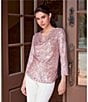 Karen Kane Sequin Mesh Draped Neck 3/4 Sleeve Top, Color:Pink - Image 4