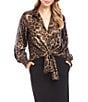 Karen Kane Shimmer Leopard Print Collared V-Neck Long Sleeve Tie Front Blouse, Color:Leopard - Image 1