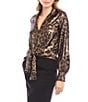 Karen Kane Shimmer Leopard Print Collared V-Neck Long Sleeve Tie Front Blouse, Color:Leopard - Image 3