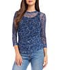 Color:Print - Image 1 - Side Shirred Crew Neck Long Sleeve Mesh Top