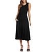 Color:Black - Image 1 - Sleeveless Cinched Waist Jewel Neck Artisan Midi Dress