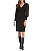 Color:Black - Image 1 - Soft Jersey Knit V-Neck Lace Long Blouson Sleeve Sheath Dress