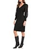 Color:Black - Image 3 - Soft Jersey Knit V-Neck Lace Long Blouson Sleeve Sheath Dress