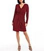 Color:Red - Image 3 - Soft Metallic Knit Surplice V-Neck Long Sleeve Front Twist Stretch Sheath Dress