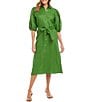 Color:Green - Image 1 - Soft Solid Linen Point Collar Short Puff Sleeve Belted Button Front Shirt Dress