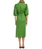 Color:Green - Image 2 - Soft Solid Linen Point Collar Short Puff Sleeve Belted Button Front Shirt Dress