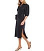 Color:Black - Image 3 - Soft Solid Linen Point Collar Short Puff Sleeve Belted Button Front Shirt Dress
