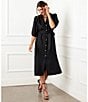 Color:Black - Image 4 - Soft Solid Linen Point Collar Short Puff Sleeve Belted Button Front Shirt Dress