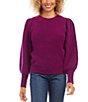 Color:Magenta - Image 1 - Solid Crew Neck Poof Sleeve Fitted Sweater Knit Top