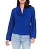 Color:Royal - Image 1 - Solid Heavy Moss Cowl Neck Pleated Back Blouson Sleeve Blouse