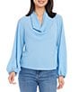 Color:Blue - Image 1 - Solid Heavy Moss Cowl Neck Pleated Back Blouson Sleeve Blouse