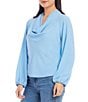 Color:Blue - Image 3 - Solid Heavy Moss Cowl Neck Pleated Back Blouson Sleeve Blouse