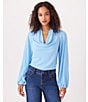 Color:Blue - Image 4 - Solid Heavy Moss Cowl Neck Pleated Back Blouson Sleeve Blouse