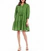 Color:Green - Image 1 - Solid Lace Trim Mandarin Collar Peasant Sleeve Tiered A-Line Dress