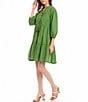Color:Green - Image 3 - Solid Lace Trim Mandarin Collar Peasant Sleeve Tiered A-Line Dress