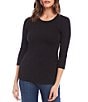 Color:Black - Image 1 - Solid Organic Cotton Crew Neck 3/4 Sleeve Side Shirred Fitted Tee Shirt