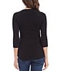 Color:Black - Image 2 - Solid Organic Cotton Crew Neck 3/4 Sleeve Side Shirred Fitted Tee Shirt