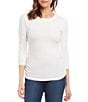 Color:Off White - Image 1 - Solid Organic Cotton Crew Neck 3/4 Sleeve Side Shirred Fitted Tee Shirt