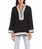 Karen Kane Split V-Neck Long Sleeve St. Tropez Tunic, Color:Black/Cream - Image 1