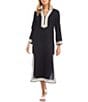 Color:Black/Cream - Image 1 - St Tropez Mandarin V-Neck 3/4 Sleeve Contrast Trim Side Slit Shift Midi Dress