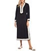 Color:Black/Cream - Image 3 - St Tropez Mandarin V-Neck 3/4 Sleeve Contrast Trim Side Slit Shift Midi Dress