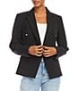 Color:Black - Image 2 - Stretch Woven Notch Lapel Collar Long Sleeve Button-Front Fitted Double Breasted Blazer