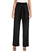 Color:Black - Image 1 - Stretch Woven Straight Leg Cinch Waist Belted Trousers Pants