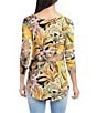 Color:Tropical Print - Image 2 - Tropical Floral Print Knit Scoop Neck 3/4 Sleeve Shirttail Hem Top