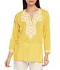 Color:Yellow - Image 1 - Woven Embroidered Split Round Neck Bracelet Length Sleeve Side Slit Tunic