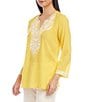 Color:Yellow - Image 3 - Woven Embroidered Split Round Neck Bracelet Length Sleeve Side Slit Tunic