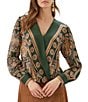 Karen Kane Woven Paisley Print V-Neck Long Sleeve Drape Front Coordianting Blouse - Image 1