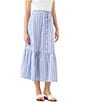 Karen Kane Woven Vertical Stripe Tiered Drawstring Front Button A-Line Midi Skirt - Image 3