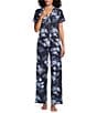 Color:Graphic Bloom - Image 1 - Short Sleeve Notch Collar Graphic Blooms Interlock Knit Pajama Set